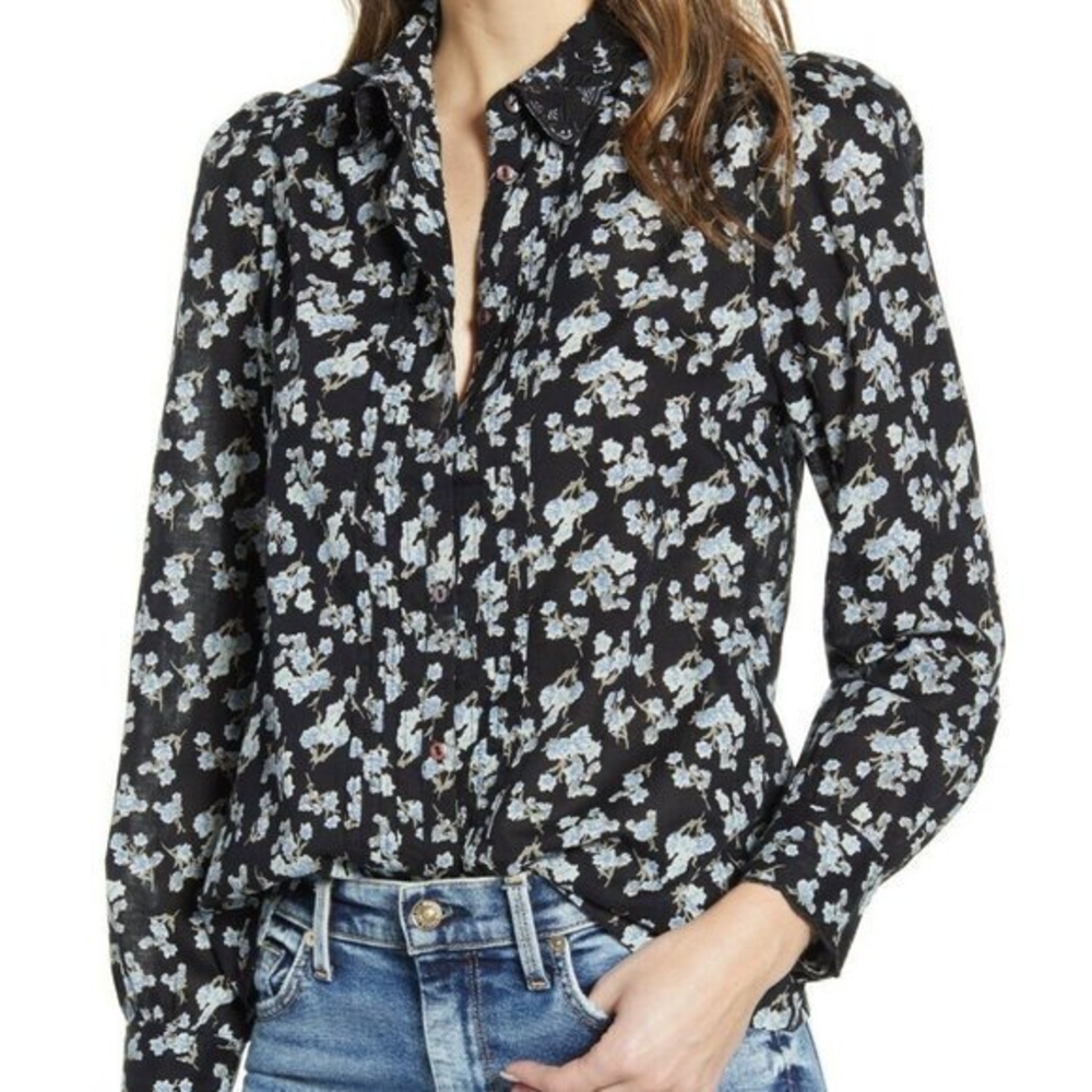 New Lucky Brand XS‎ Black Blue Floral Embroidered Collar Devon Blouse Top Boho